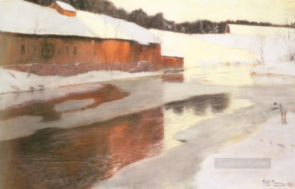 A factory Building Near An Icy River In Winter Norwegian Frits Thaulow Oil Paintings